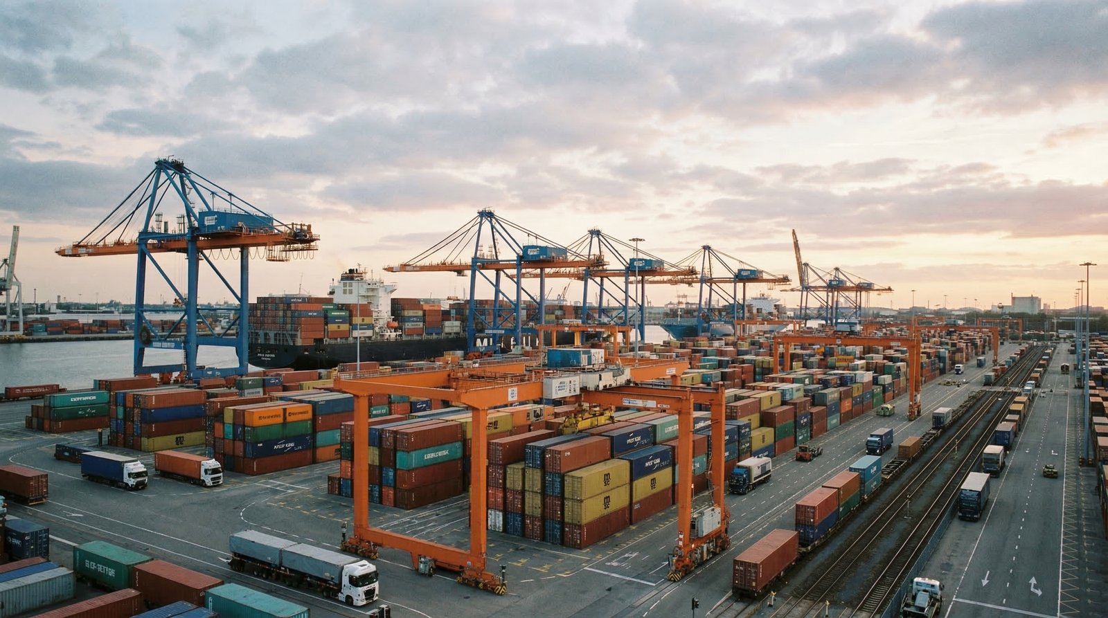 Terminal portuário com guindastes e operação de contêineres